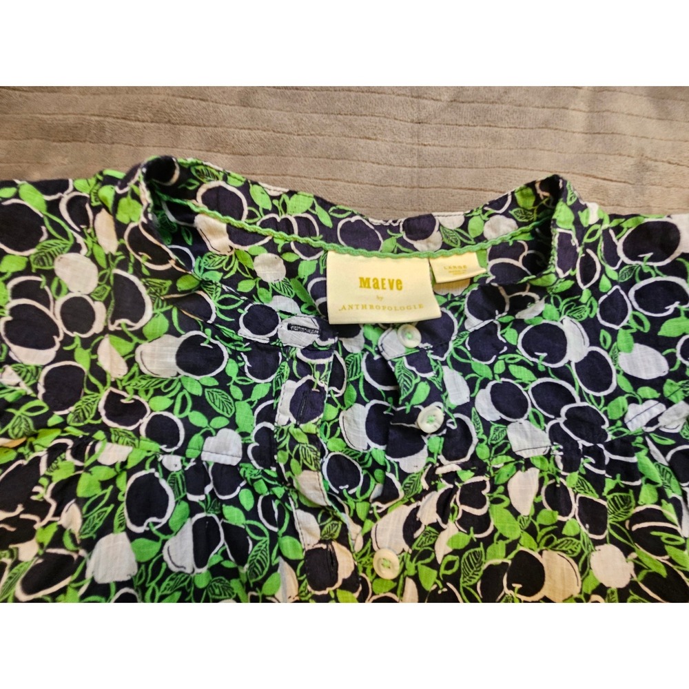 Maeve Anthropologie Apple Print Puff Sleeve Cotton Blouse Green Navy Large